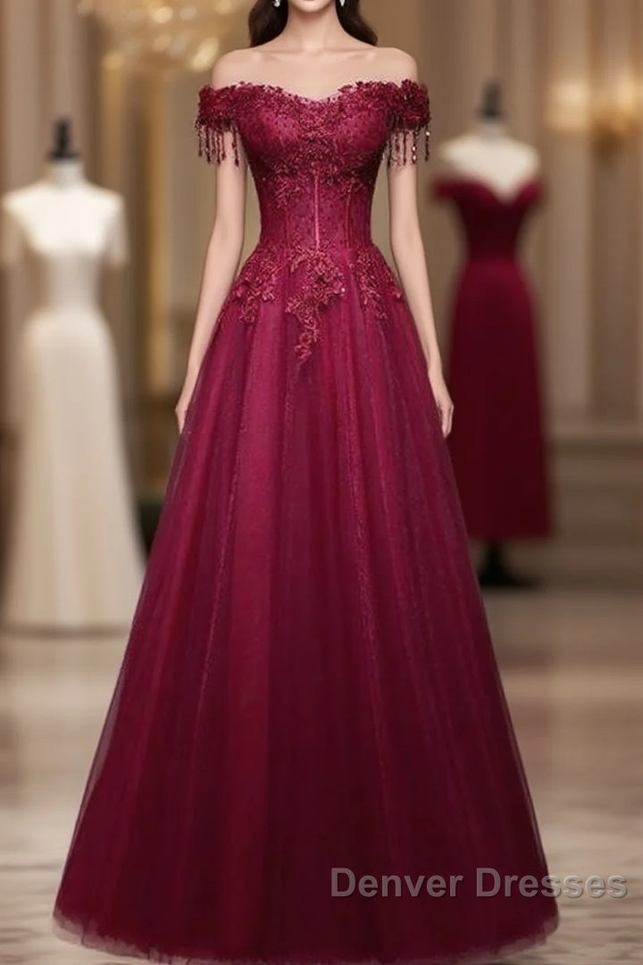 Beautiful Wine Red Tulle Sweetheart Long Prom Dress, A-Line Party Dress