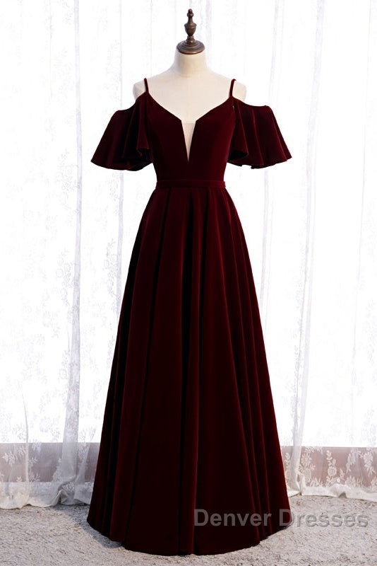 Beautiful Wine Red Velvet Off Shoulder Floor Length Party Dress, Velvet Junior Prom Dress