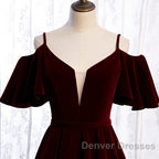 Beautiful Wine Red Velvet Off Shoulder Floor Length Party Dress, Velvet Junior Prom Dress