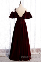 Beautiful Wine Red Velvet Off Shoulder Floor Length Party Dress, Velvet Junior Prom Dress