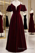 Beautiful Wine Red Velvet Off Shoulder Floor Length Party Dress, Velvet Junior Prom Dress