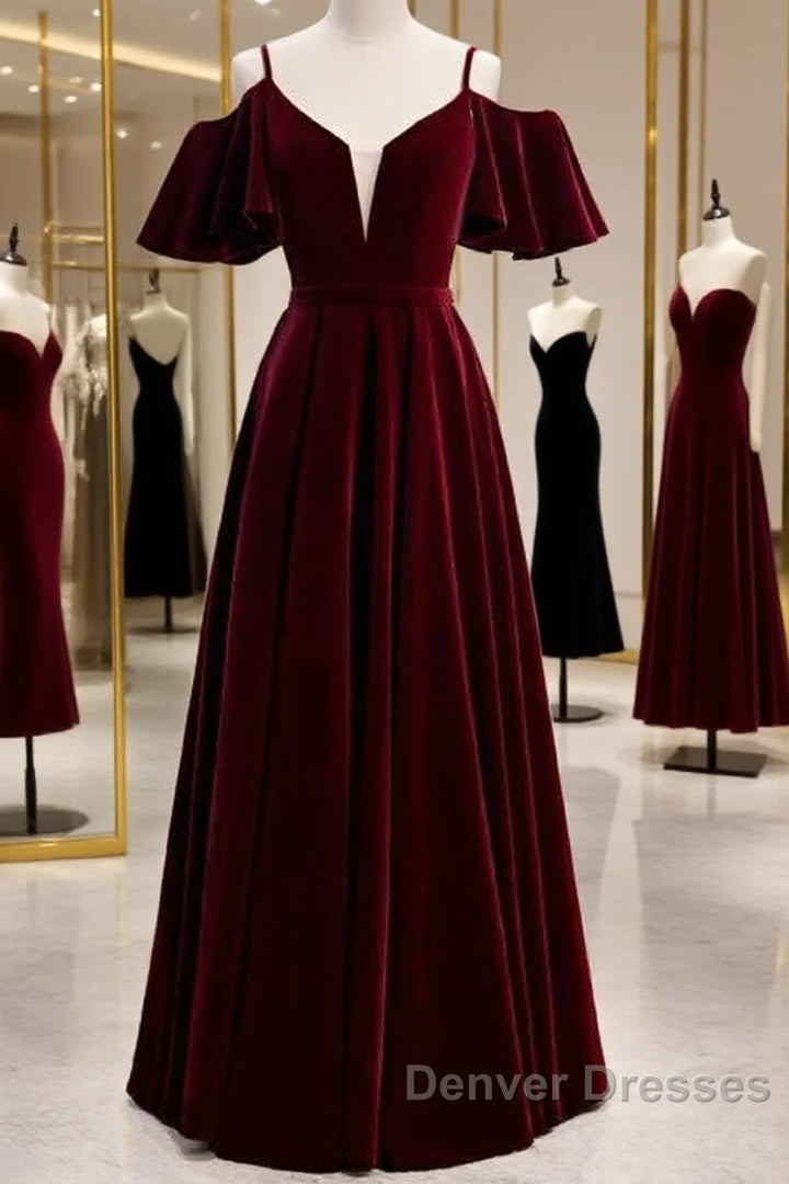 Beautiful Wine Red Velvet Off Shoulder Floor Length Party Dress, Velvet Junior Prom Dress Main image