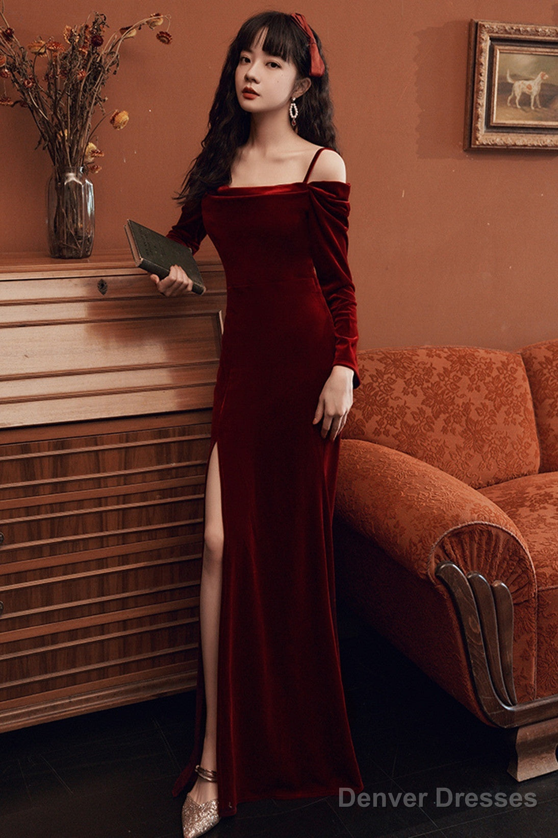 Beautiful Wine Red Velvet Off Shoulder Party Dress, Mermaid Long Prom Dress Evening Dress Secondary image