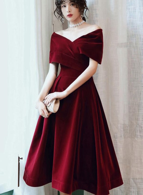 Beautiful Wine Red Velvet Tea Length Party Dress, Bridesmaid Dress Secondary image