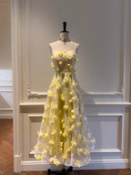 Beautiful Yellow A-Line Square Neck Strapless 3D Flower Mesh Long Prom Dress