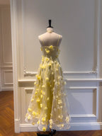 Beautiful Yellow A-Line Square Neck Strapless 3D Flower Mesh Long Prom Dress