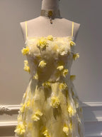 Beautiful Yellow A-Line Square Neck Strapless 3D Flower Mesh Long Prom Dress