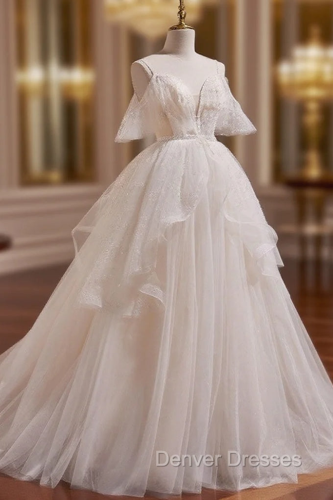 Beige A-line Tulle Beading Long Prom Dress, Beige Formal Dress