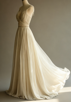 Off-White A-Line V-Neck Chiffon Beaded Long Prom Dress Simple Wedding Dress Bridesmaid Dress