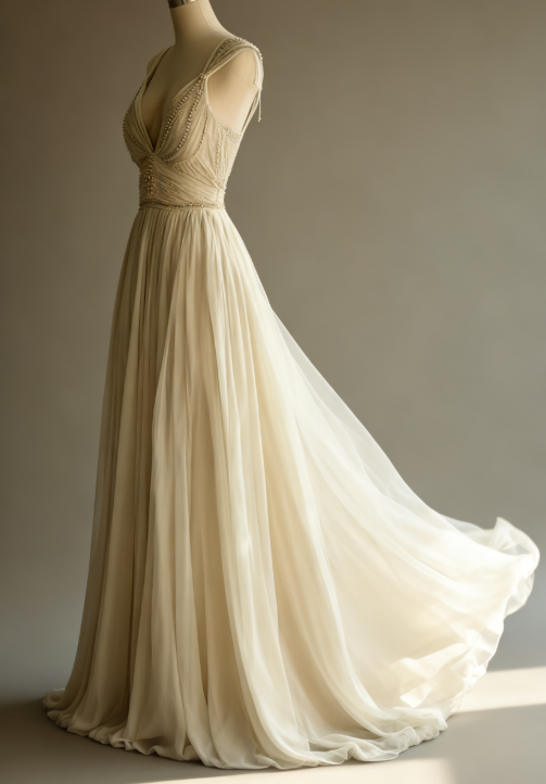 Off-White A-Line V-Neck Chiffon Beaded Long Prom Dress Simple Wedding Dress Bridesmaid Dress