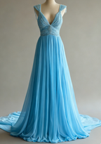Off-White A-Line V-Neck Chiffon Beaded Long Prom Dress Simple Wedding Dress Bridesmaid Dress