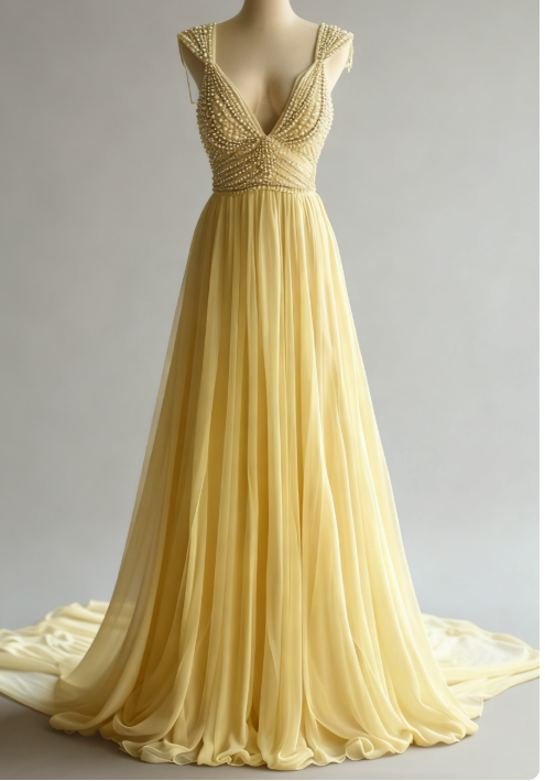 Off-White A-Line V-Neck Chiffon Beaded Long Prom Dress Simple Wedding Dress Bridesmaid Dress