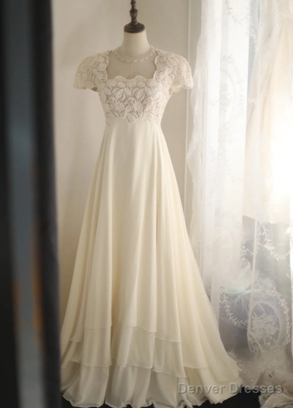 Beige Square Neck Chiffon Lace Empire Dress Long Prom Dress Beaded Wedding Dress Secondary image