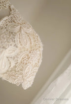 Beige Square Neck Chiffon Lace Empire Dress Long Prom Dress Beaded Wedding Dress