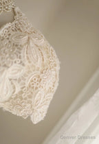 Beige Square Neck Chiffon Lace Empire Dress Long Prom Dress Beaded Wedding Dress