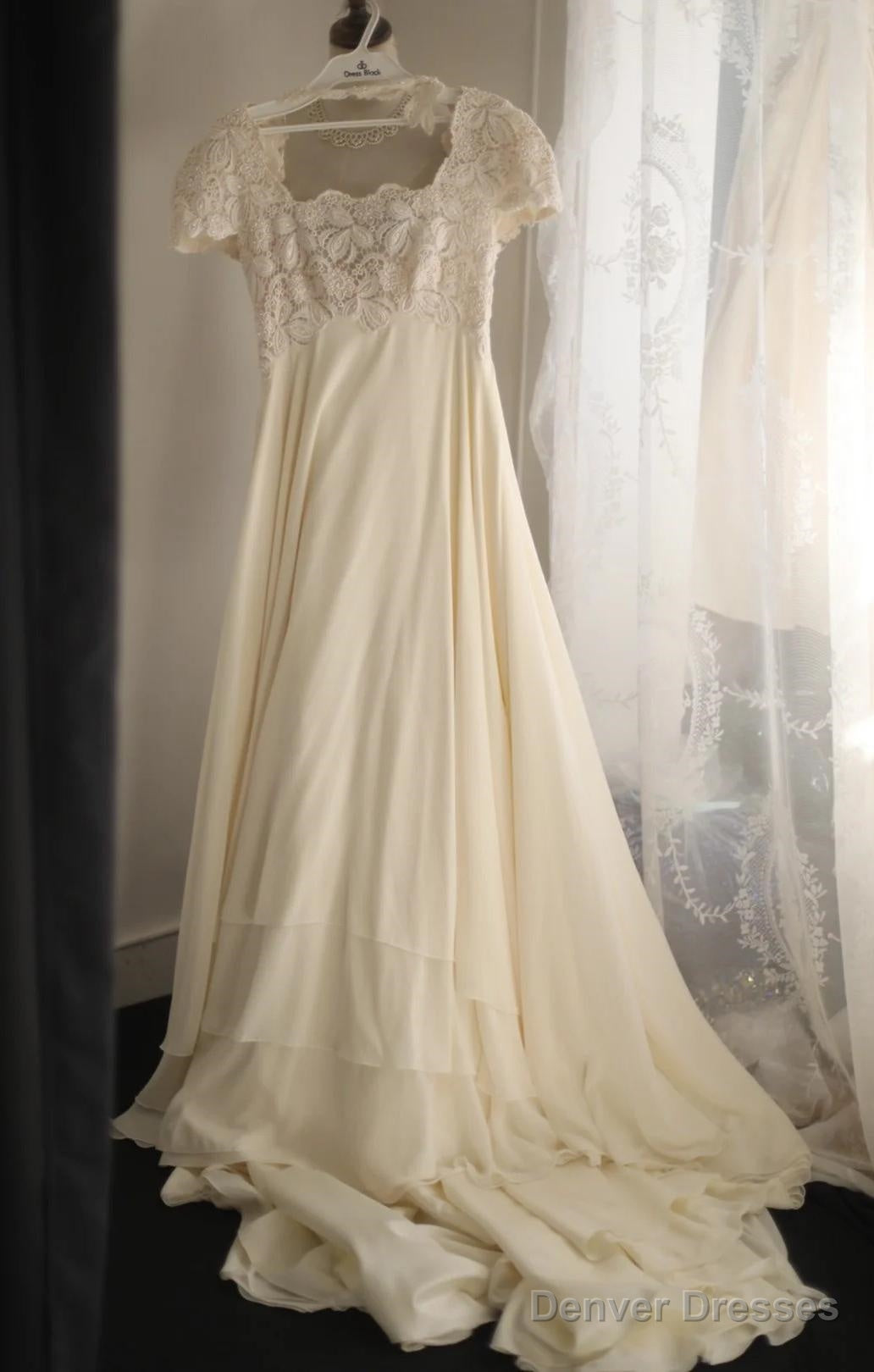 Beige Square Neck Chiffon Lace Empire Dress Long Prom Dress Beaded Wedding Dress