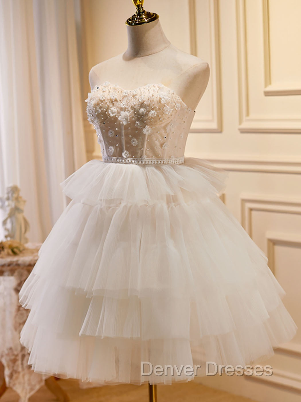 Beige Sweetheart Neck Tulle Puffy Short Prom Dress, Beige Homecoming Dress Secondary image