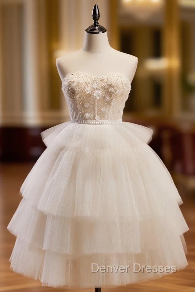 Beige Sweetheart Neck Tulle Puffy Short Prom Dress, Beige Homecoming Dress Main image