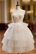 Beige Sweetheart Neck Tulle Puffy Short Prom Dress, Beige Homecoming Dress