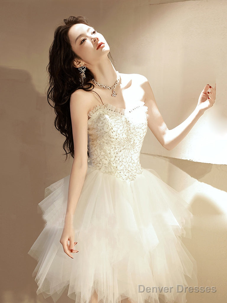 Beige Tulle Short Prom Dress, Sequin Tulle Cute Homecoming Dress Main image