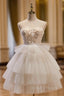 Beige Tulle Sweetheart Beading Flower Homecoming Dress
