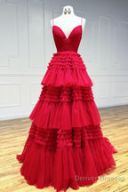 Beige Tulle Tiered Spaghetti Straps Long Prom Dress with Slit