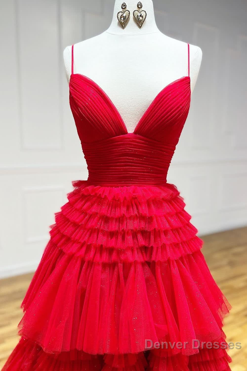 Beige Tulle Tiered Spaghetti Straps Long Prom Dress with Slit