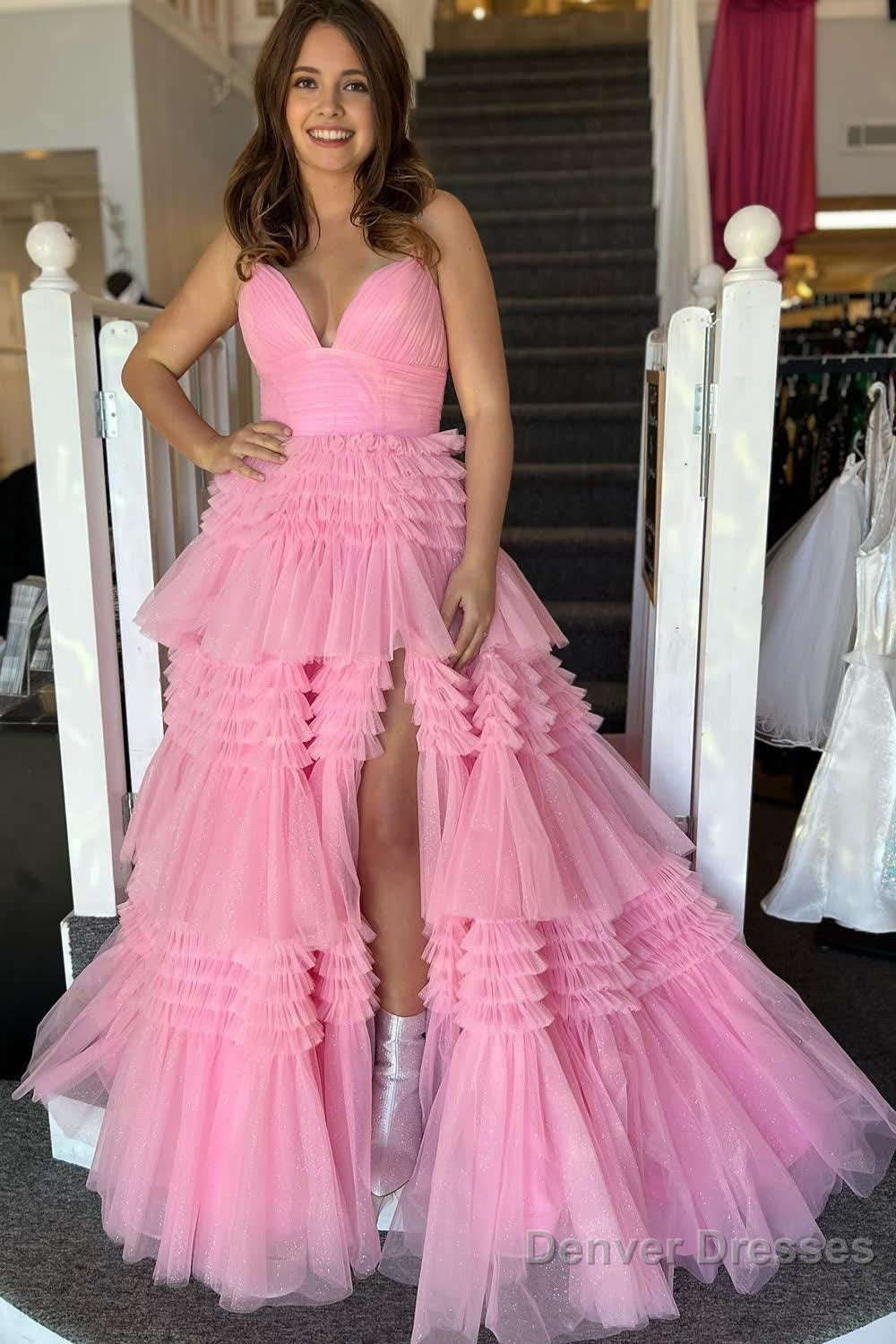Beige Tulle Tiered Spaghetti Straps Long Prom Dress with Slit