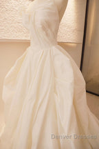 Beige Wedding Dress Strapless Sleeveless A-Line Full Bridal Dress Sophisticated Wedding Gown With Train