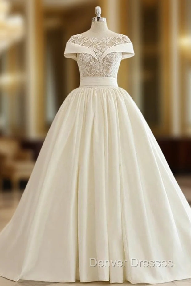 Beige White Ball Gown Satin Appliques Bateau Neck Wedding Dress Main image