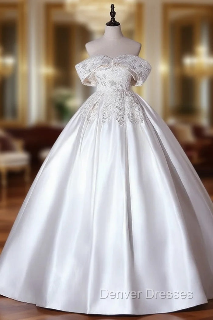 Beige White Satin Off the Shoulder Embroidery Quinceanera Dress