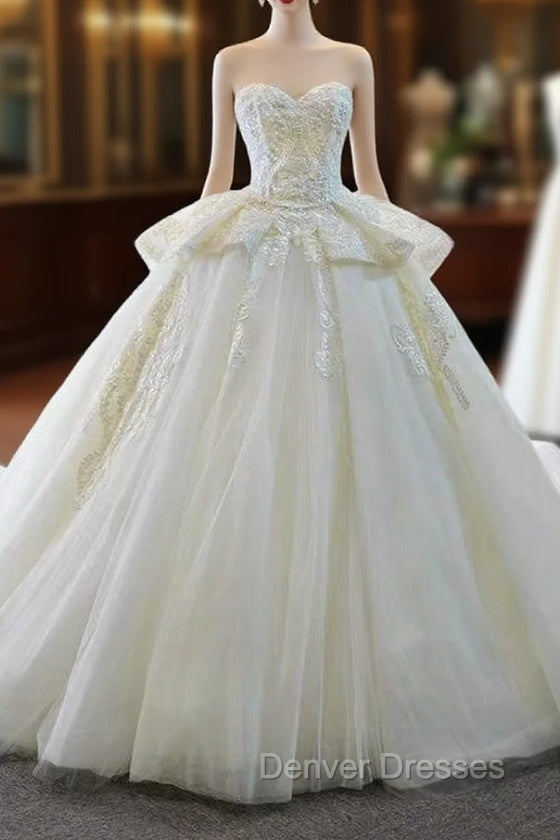 Best Discount And High Quality Ivory White Ball Gown Tulle Appliques Sweetheart Wedding Dress Main image