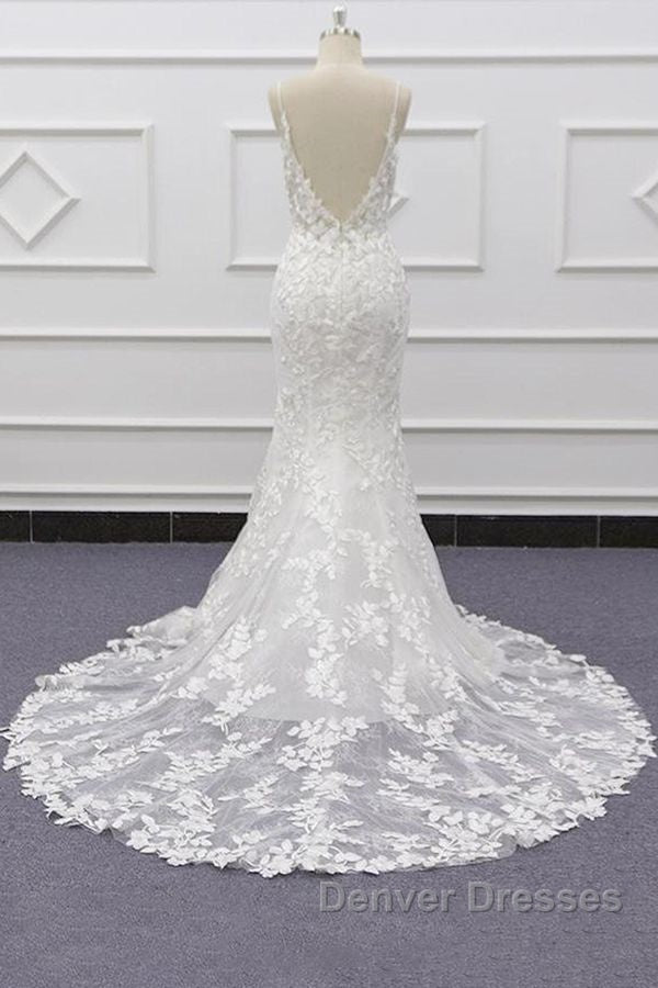 Best Long Mermaid Spaghetti Strap Appliques Lace Wedding Dress Secondary image