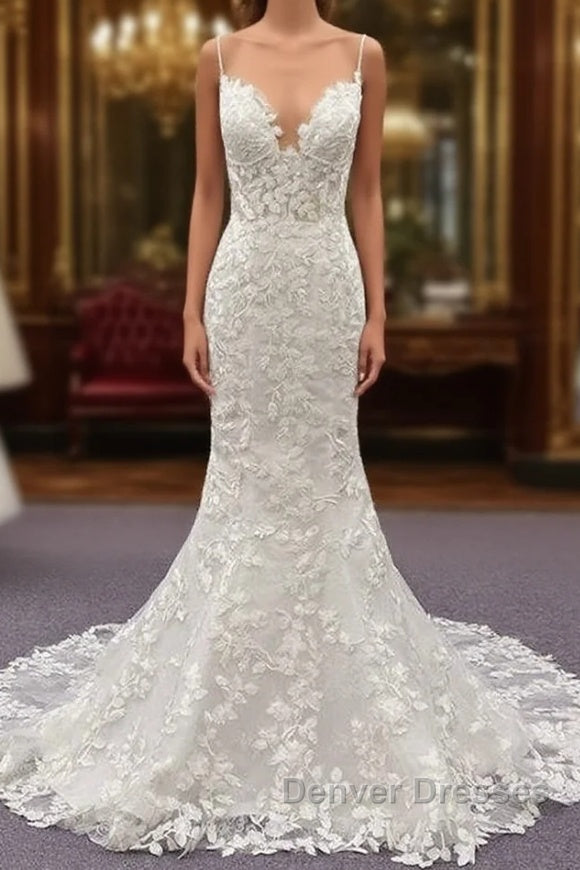 Best Long Mermaid Spaghetti Strap Appliques Lace Wedding Dress Main image