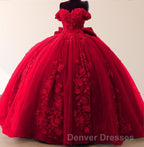 Big Bow Floral Flower Lace Applique Off Shoulder Ball Gown Quinceanera Dress