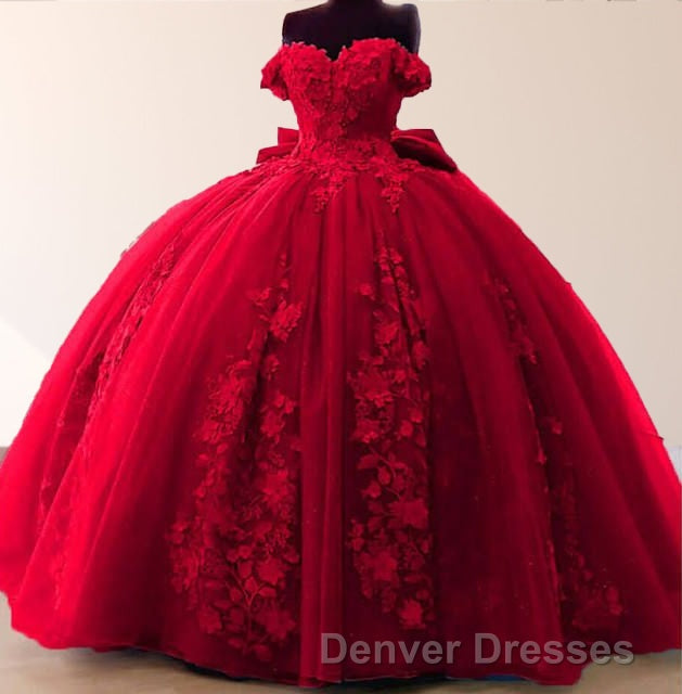 Big Bow Floral Flower Lace Applique Off Shoulder Ball Gown Quinceanera Dress