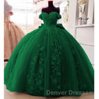Big Bow Floral Flower Lace Applique Off Shoulder Ball Gown Quinceanera Dress