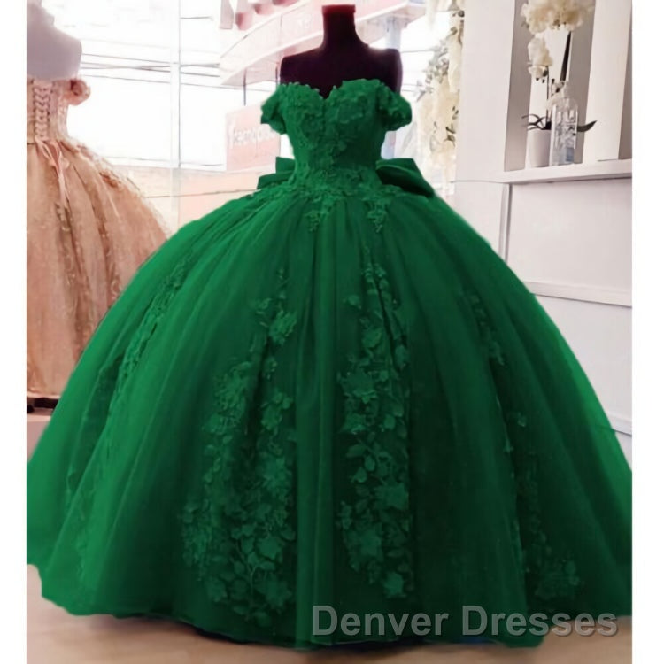 Big Bow Floral Flower Lace Applique Off Shoulder Ball Gown Quinceanera Dress