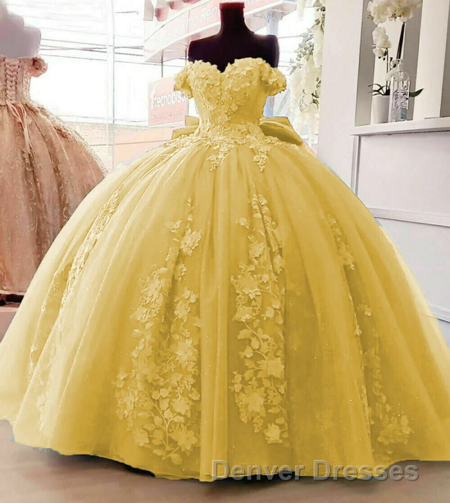 Big Bow Floral Flower Lace Applique Off Shoulder Ball Gown Quinceanera Dress