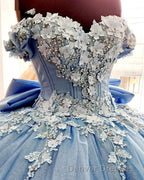 Big Bow Floral Flower Lace Applique Off Shoulder Ball Gown Quinceanera Dress