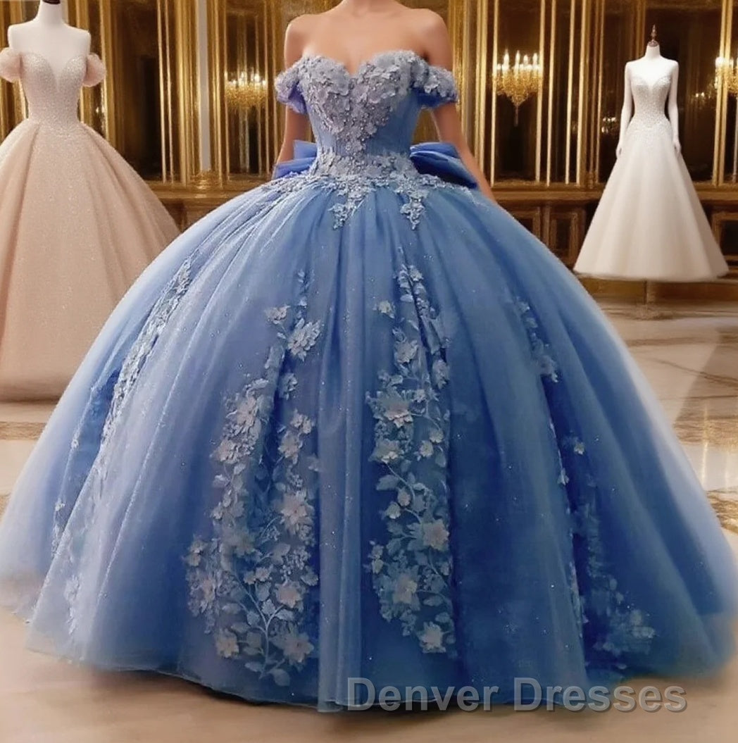 Big Bow Floral Flower Lace Applique Off Shoulder Ball Gown Quinceanera Dress Main image