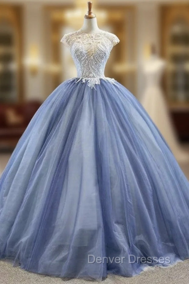 Biggest Sale Blue Ball Gown Tulle Cap Seeve Beading Long Prom Dress Main image