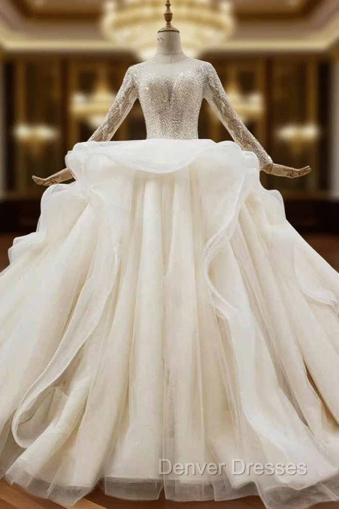 Biggest Sale Champagne Ball Gown Tulle Beading Sequins Long Sleeve Wedding Dress Main image