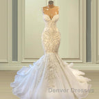 Biztunnel Elegant Long Mermaid Sweetheart Sleeveless Tulle Lace Wedding Dress