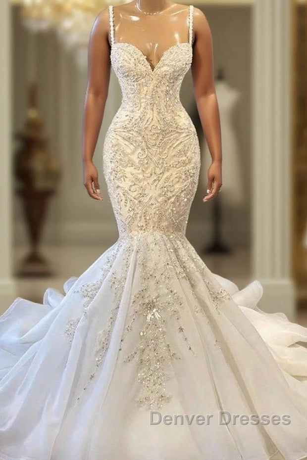 Biztunnel Elegant Long Mermaid Sweetheart Sleeveless Tulle Lace Wedding Dress Main image