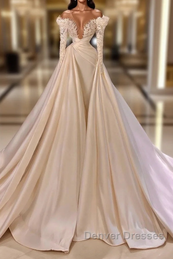 Biztunnel Long Mermaid V-neck Satin Lace Wedding Dress with Sleeves Main image