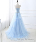 Light Blue Tulle Lace Long Prom Dress, Formal Dress