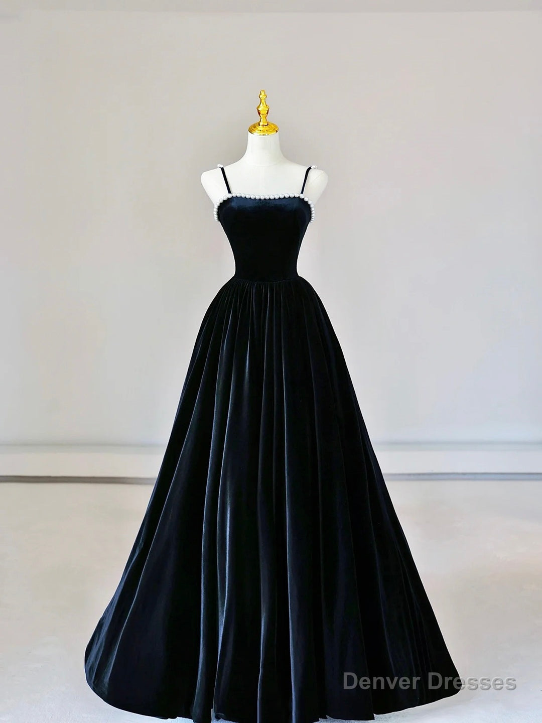 Spaghetti Strap Velvet Long Prom Dress with Pearls, Black Evening Dress Party Dress Main image