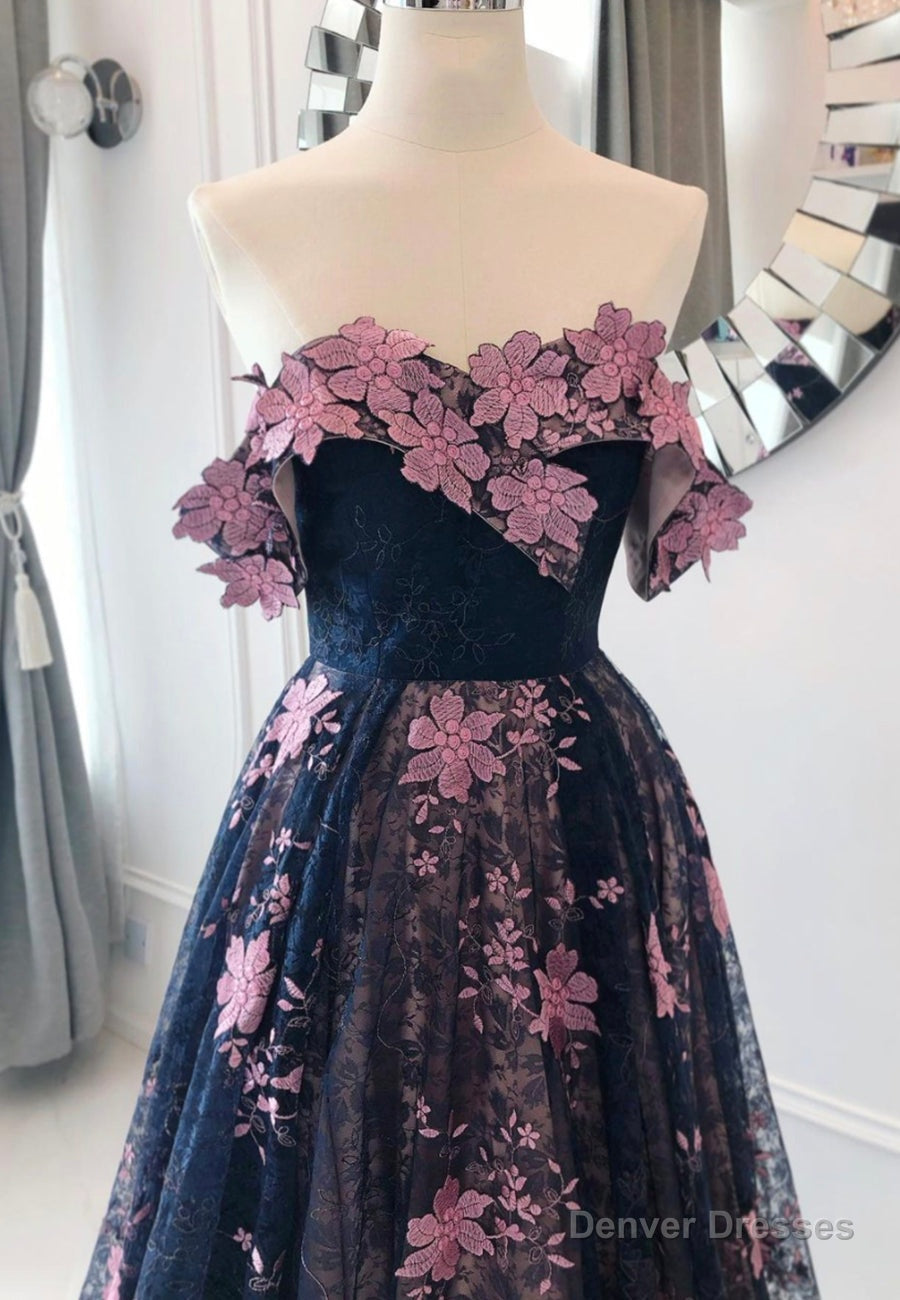 Black Lace Long A-Line Prom Dresses, Black Evening Dresses Secondary image