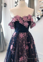 Black Lace Long A-Line Prom Dresses, Black Evening Dresses